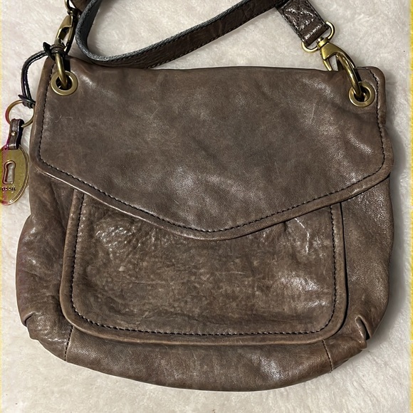 FOSSIL long live vintage grey brown olive distressed flap crossbody bag - Picture 3 of 15